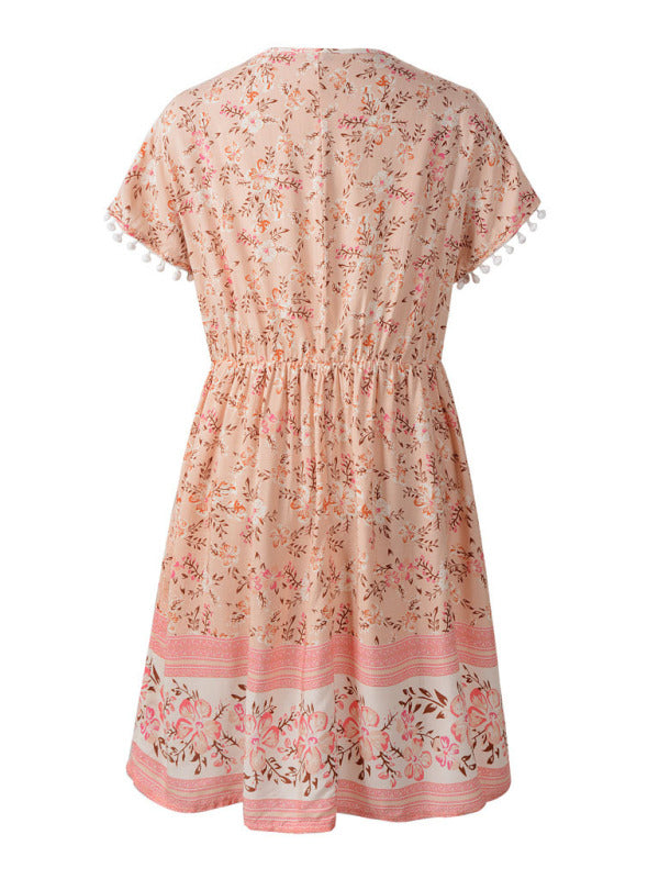 Women's Woven V Neck Bohemian Print Short Sleeve Dress