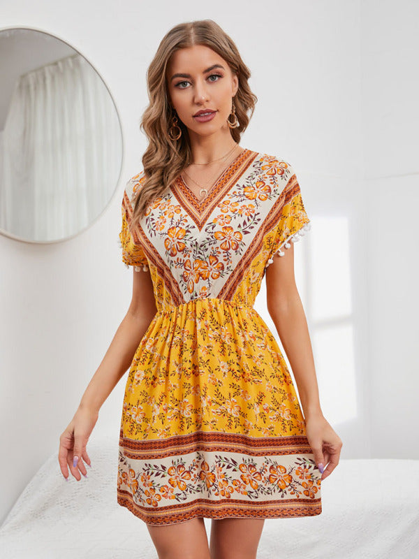 Women's Woven V Neck Bohemian Print Short Sleeve Dress