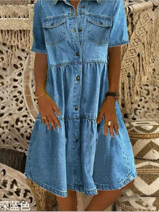 Lapel Short Sleeve Distressed Denim Dress Midi Dress