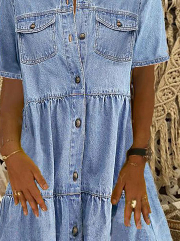 Lapel Short Sleeve Distressed Denim Dress Midi Dress