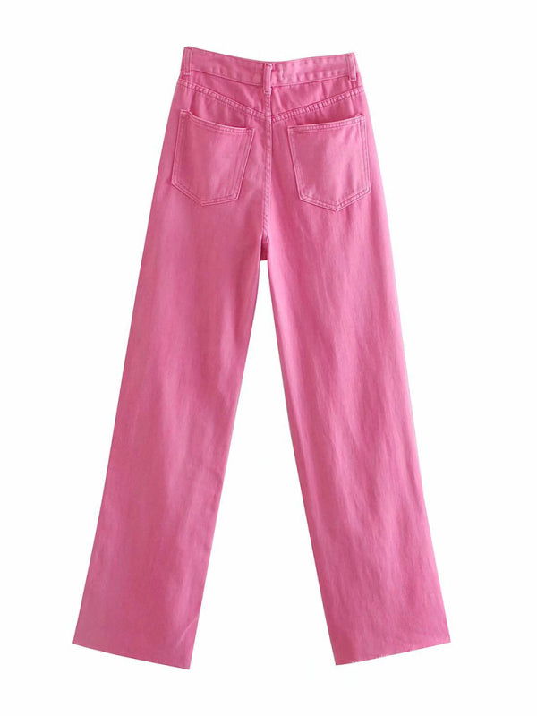 New Street High Waist Casual Straight Leg Wide Leg Pants Female Jeans