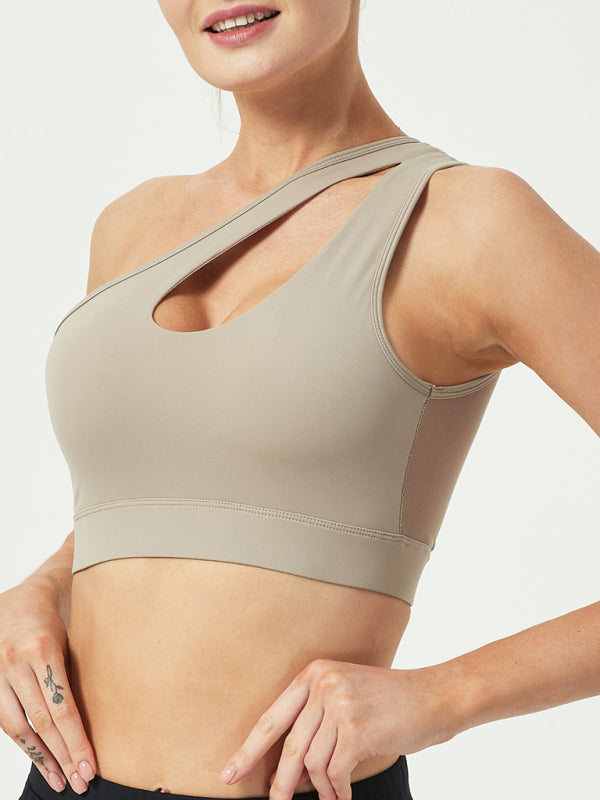 Women's Sexy Mesh One Shoulder Shockproof Sports Bra