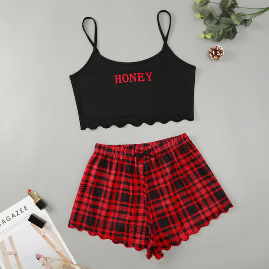 Women's Letter HONEY Printed Camisole + Plaid Printed Shorts Homewear Set