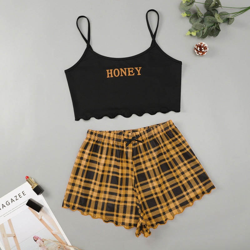Women's Letter HONEY Printed Camisole + Plaid Printed Shorts Homewear Set