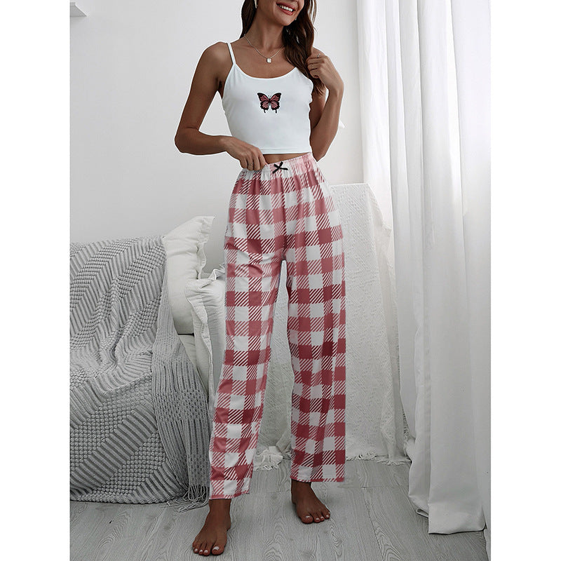 Women's Check Butterfly Print Camisole + Check Print Trousers Homewear Set